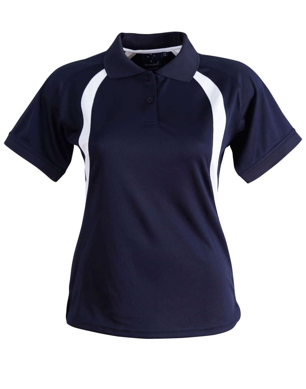 A navy polo shirt with white accent stripes and a collar, featuring a logo on the chest area.