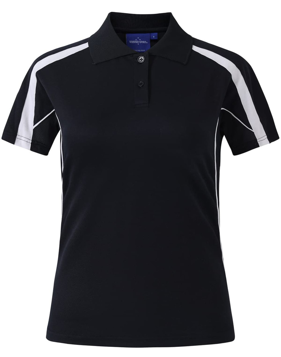 A navy blue polo shirt with short sleeves, featuring contrasting white side panels and a logo.