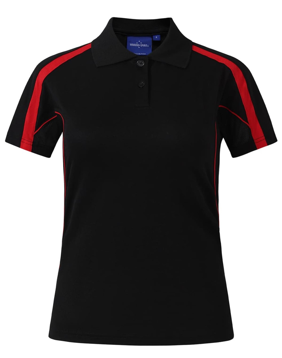 A short sleeve polo shirt in dark brown with red accents and a logo on the chest.