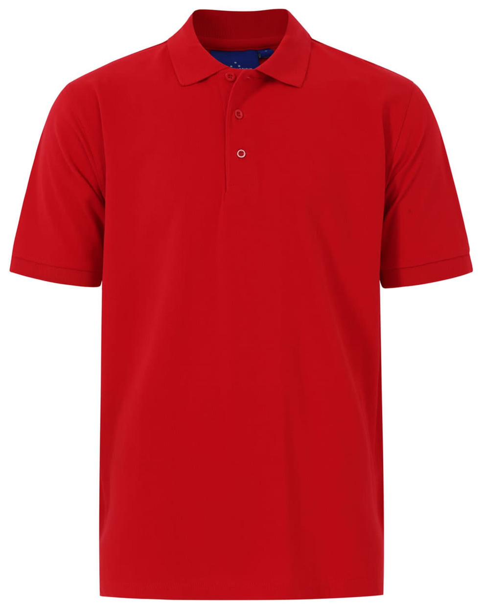 A red men's cotton stretch polo shirt, featuring a collar and short sleeves, with a small logo on the chest.
