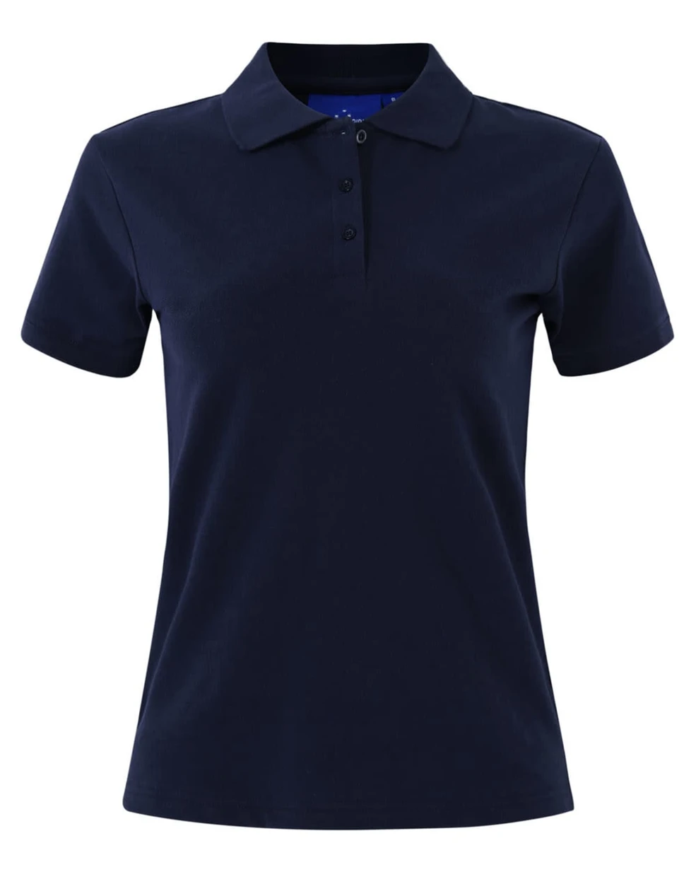 A ladies cotton stretch polo shirt in navy blue with a classic collar and a button placket. Features a small logo.