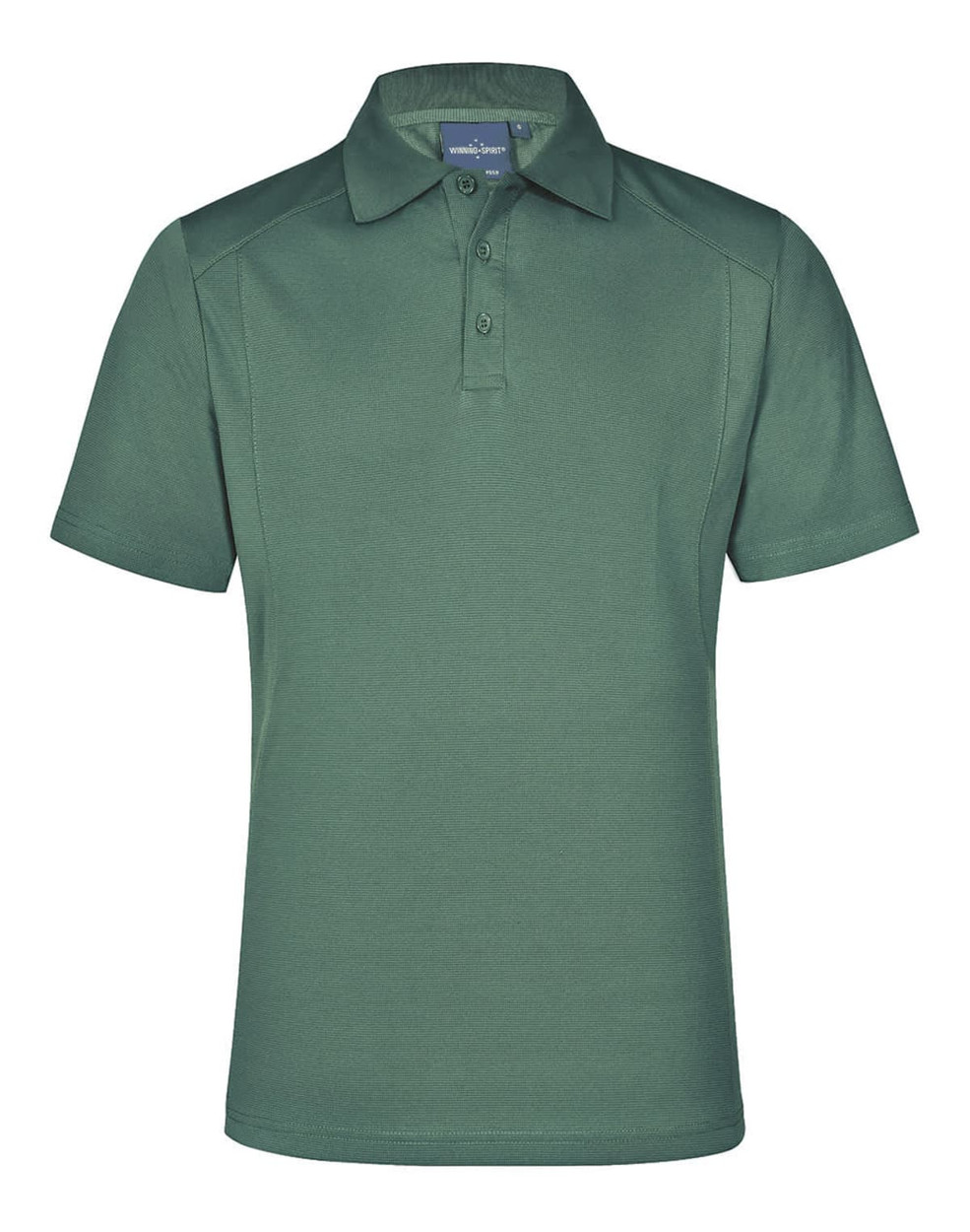 A green polo shirt with a collar and a three-button placket, featuring a logo on the chest.