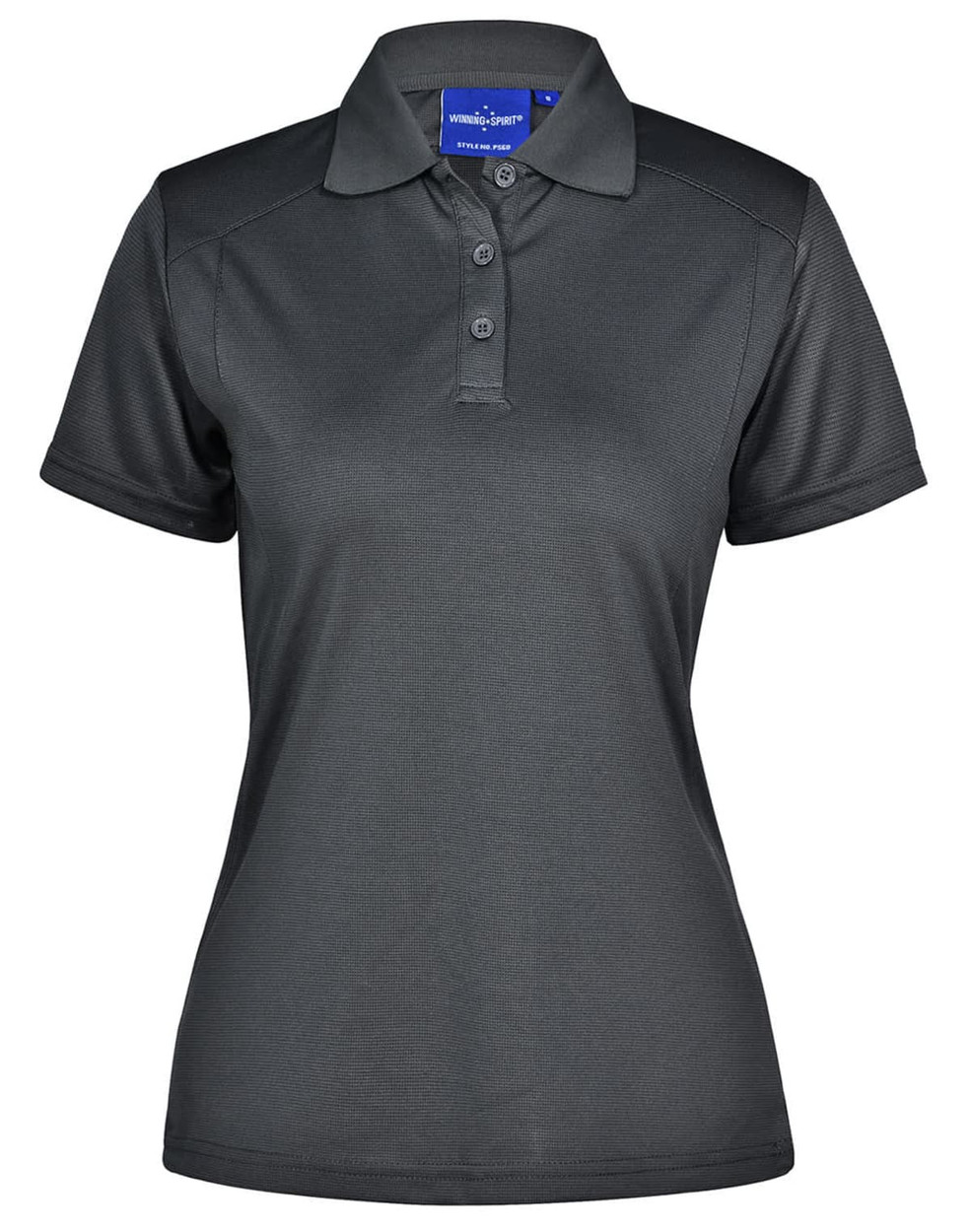 A women's polo shirt in dark grey with a classic collar and buttons, featuring a logo on the chest.
