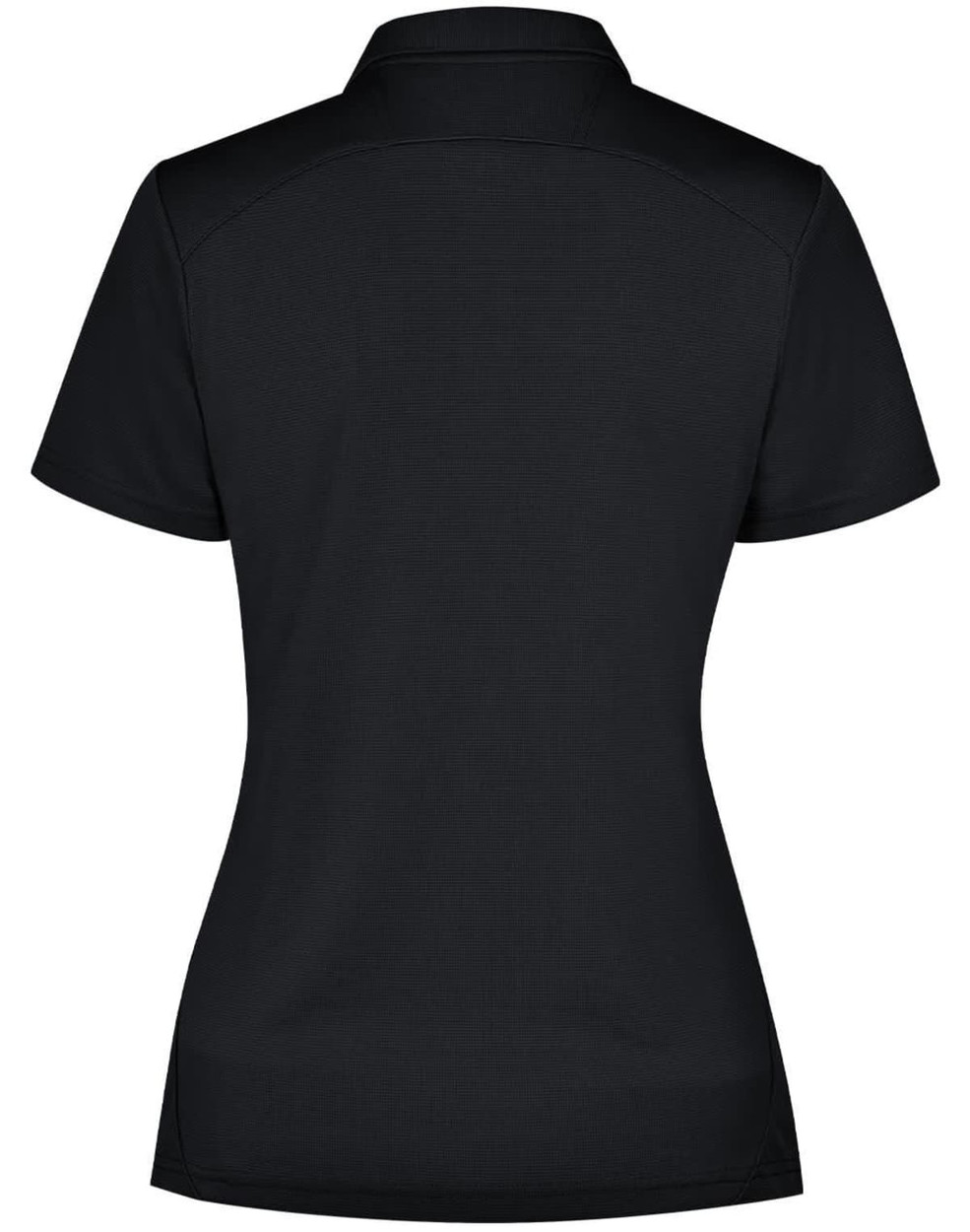 A black ladies' polo shirt featuring a collar and a fitted design, with a branding logo on the back.