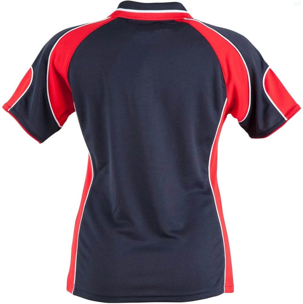 A ladies' polo shirt featuring a navy body with red and white accent panels and a logo.