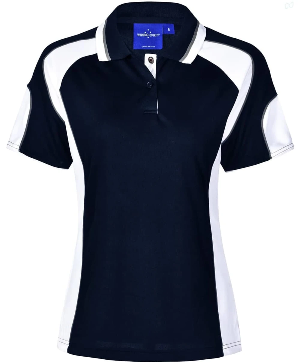 A navy and white polo shirt with short sleeves and a collar, featuring a branding logo.
