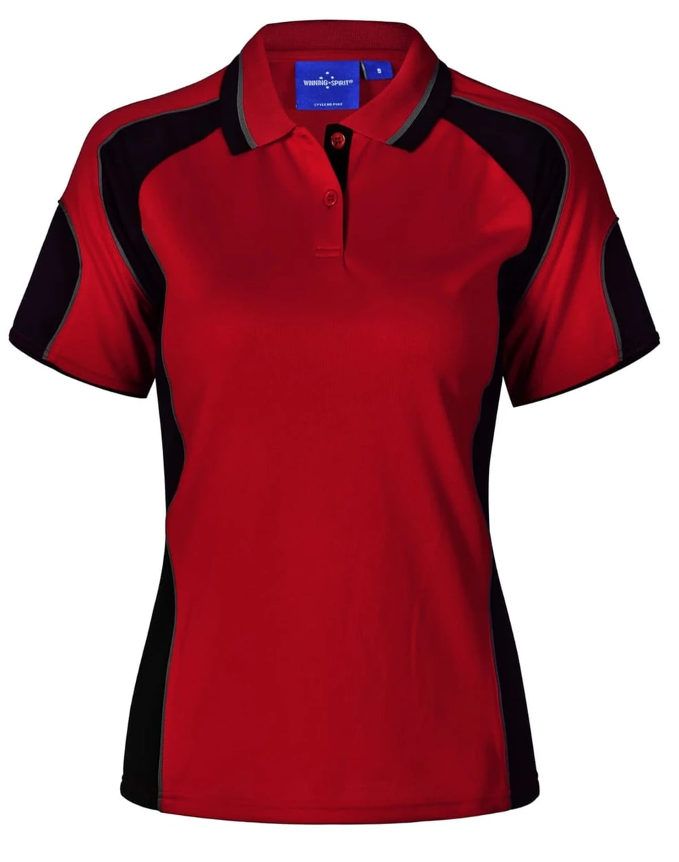 A red and black ladies' polo shirt featuring a collared design and a logo. Ideal for casual or sporty wear.