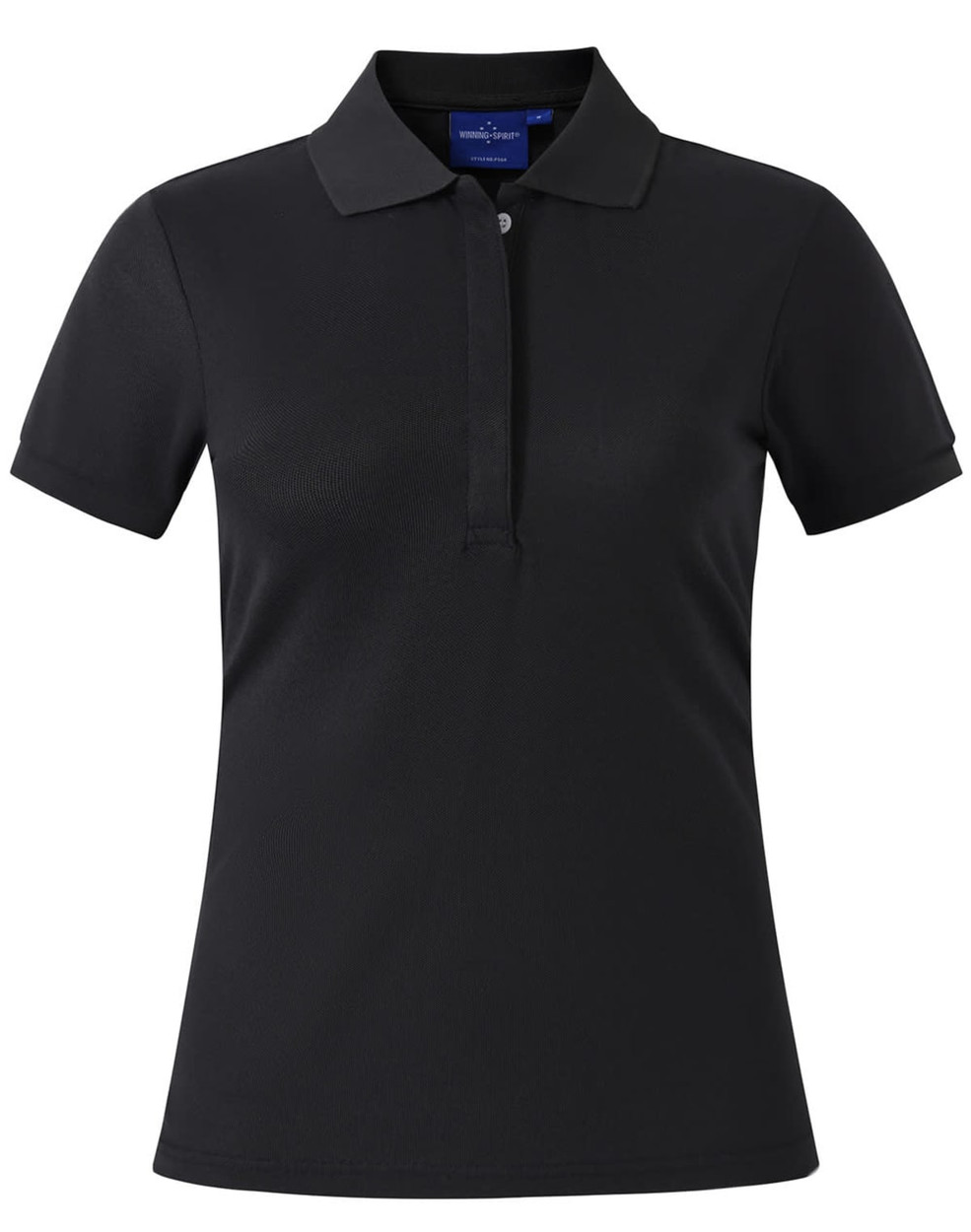 A grey ladies' polo shirt with a collared neckline and short sleeves, featuring a logo on the chest.