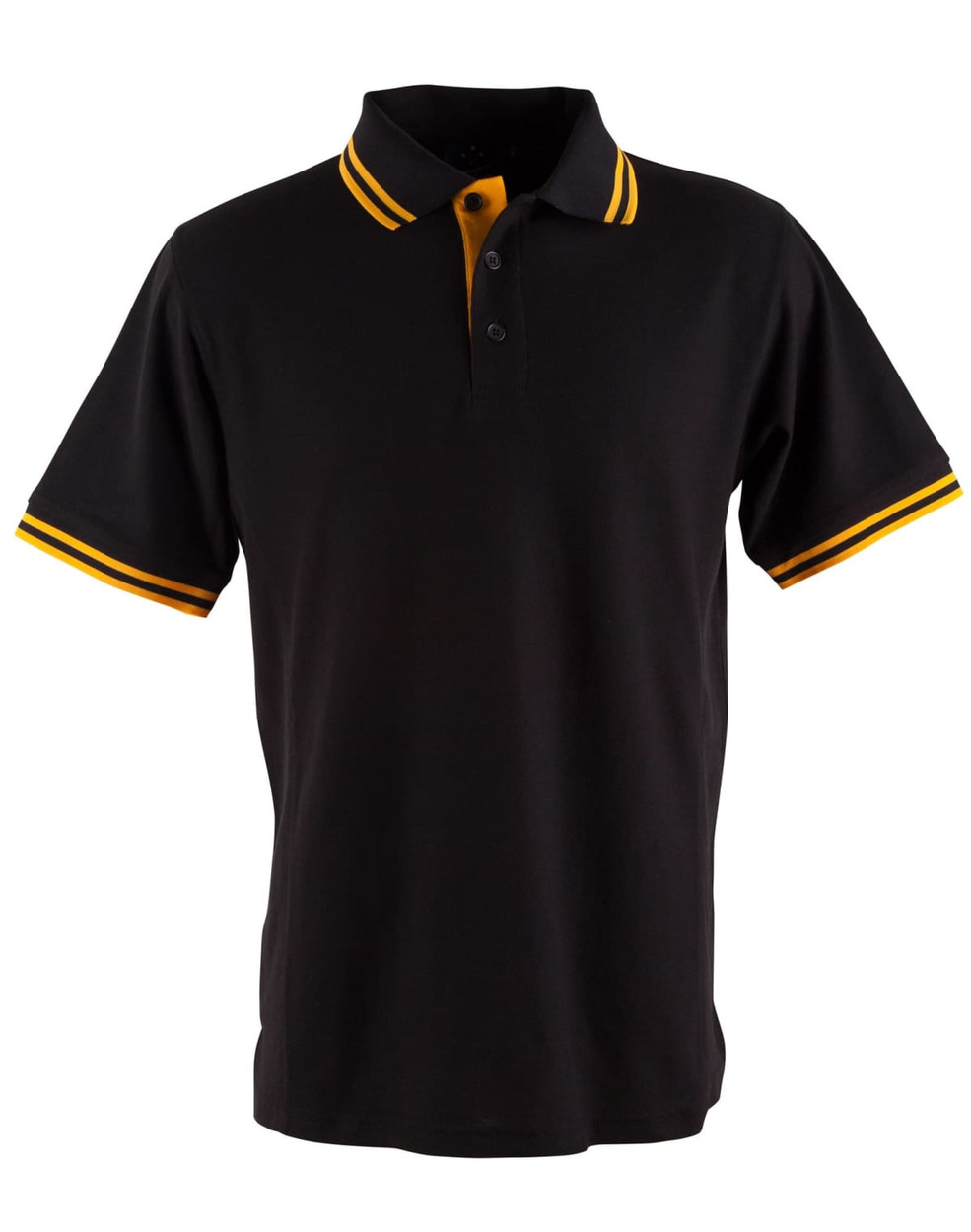 A black polo shirt with yellow striped accents on the collar and sleeves, featuring a logo on the chest.