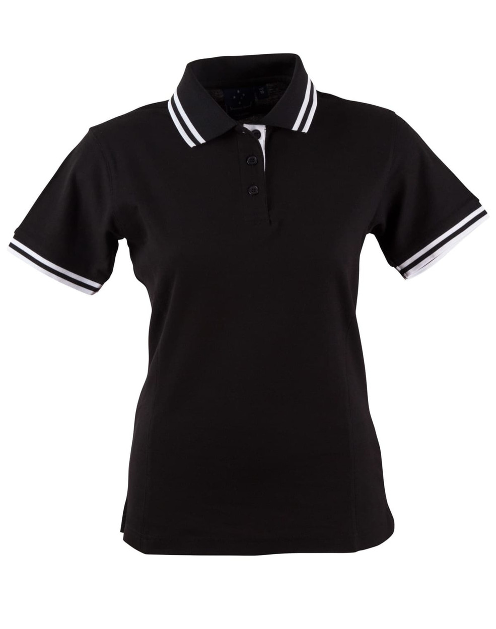A black women's polo shirt with white-striped collar and sleeves, featuring a buttoned placket and branding.