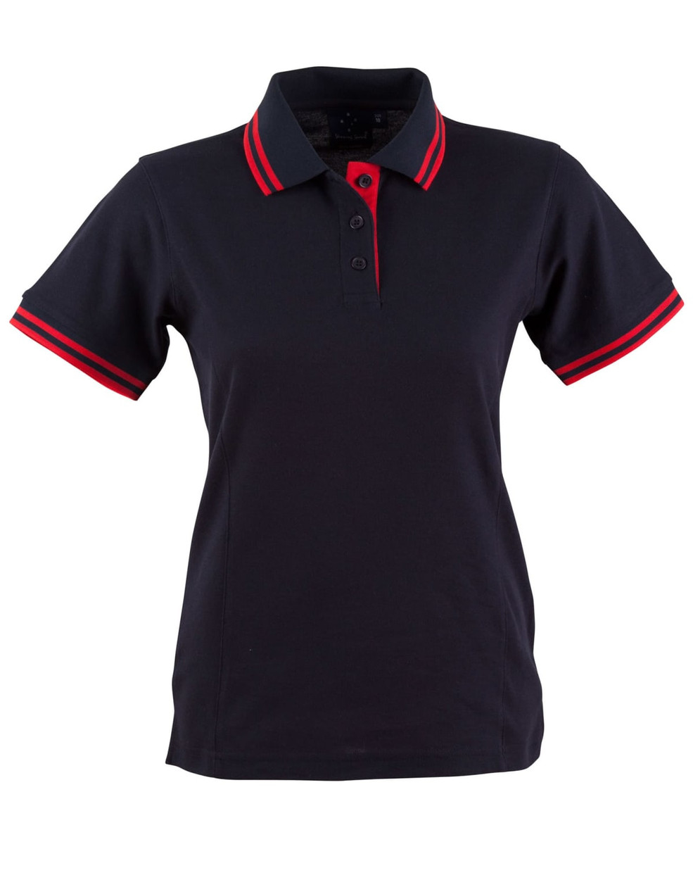 A navy polo shirt featuring red accents on the collar and sleeves, with a branded logo.