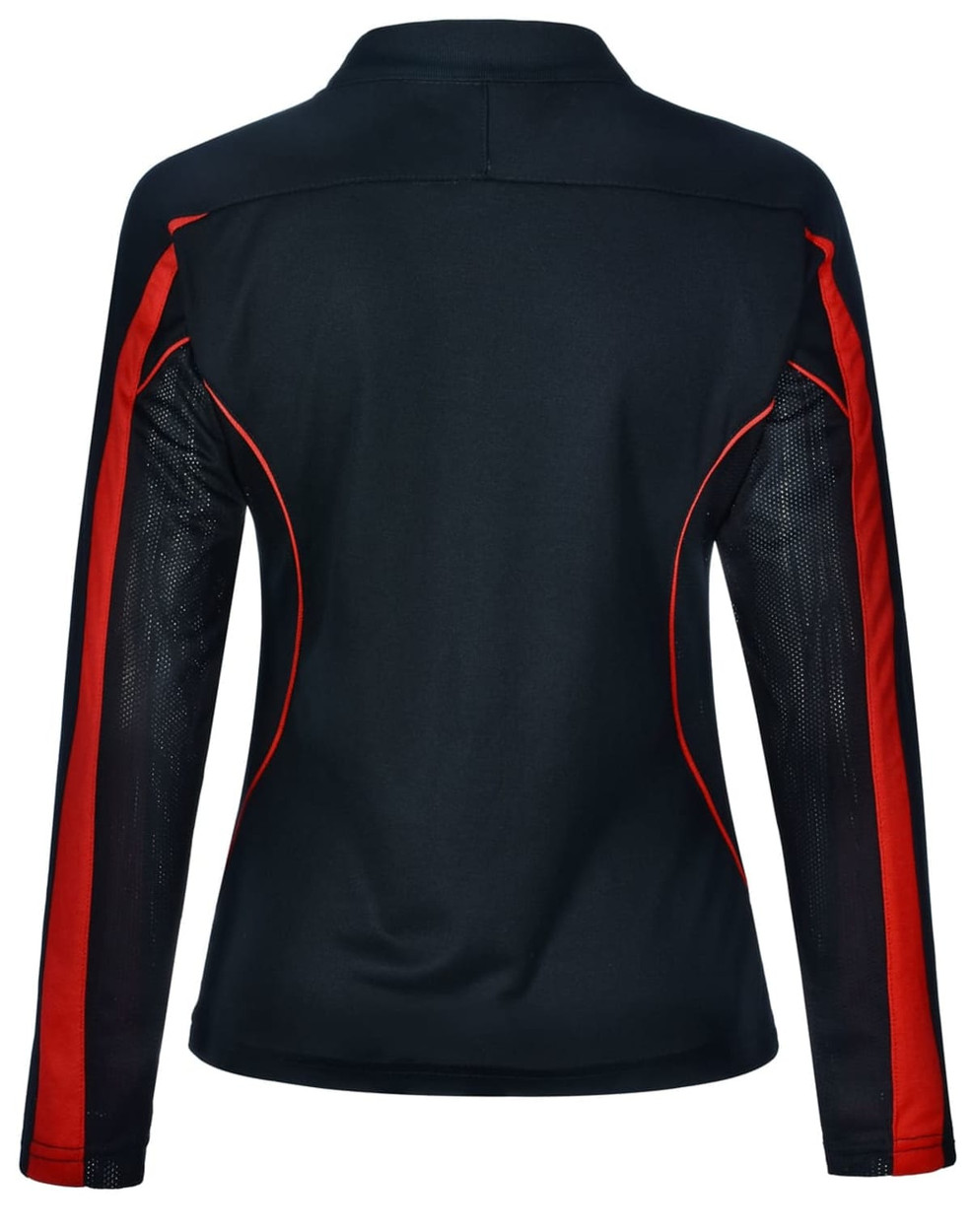 A black long sleeve polo shirt featuring red side accents and a mesh design on the sleeves. It has a logo on the front.
