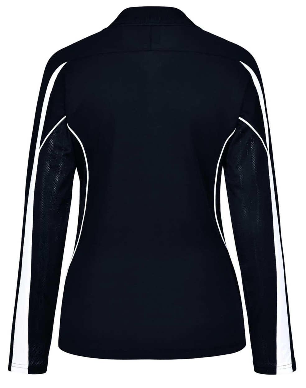 A black long sleeve polo shirt featuring white side panels and a logo on the back.