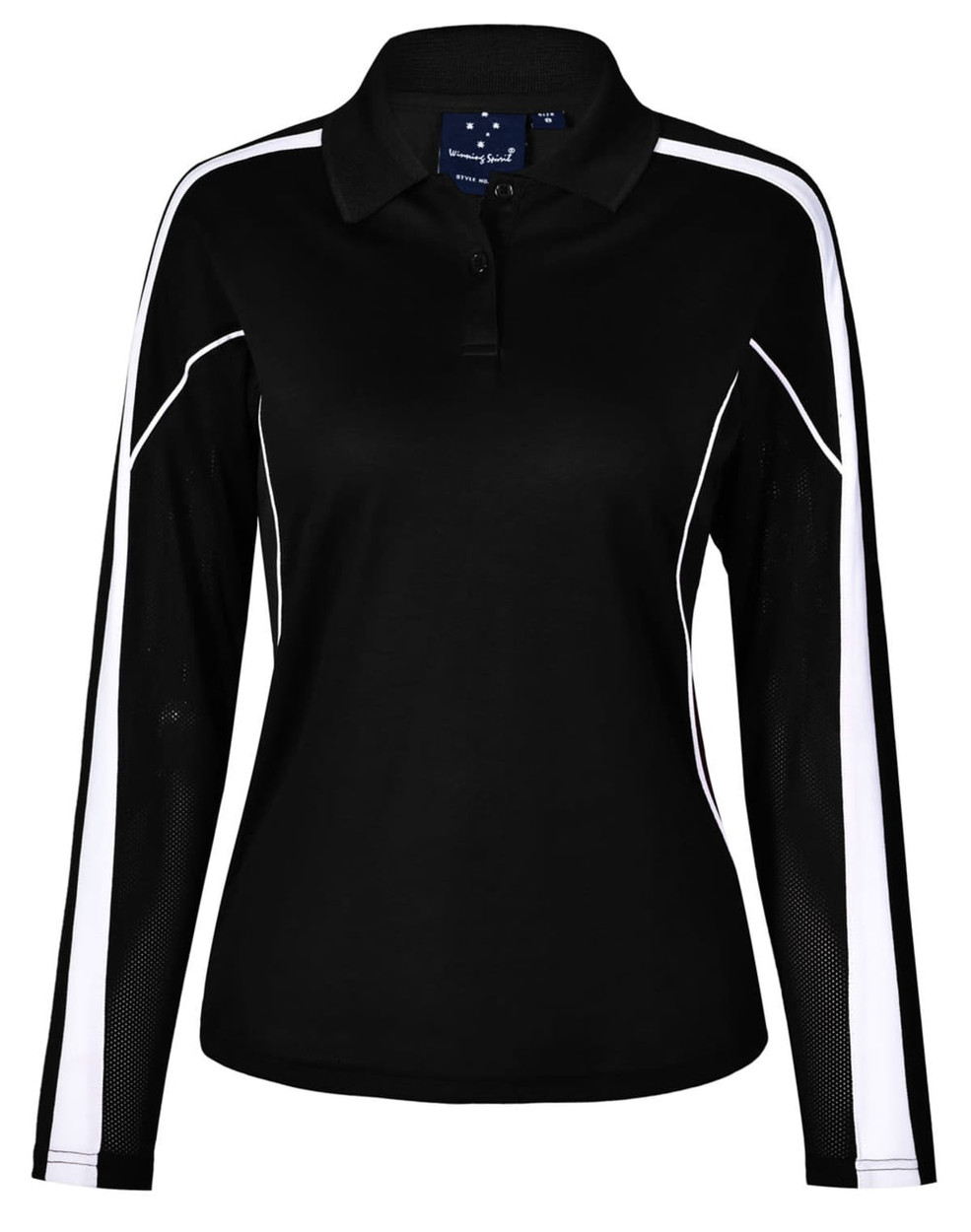 A black long sleeve polo shirt with white detailing and mesh sleeves, featuring a collar and a logo.