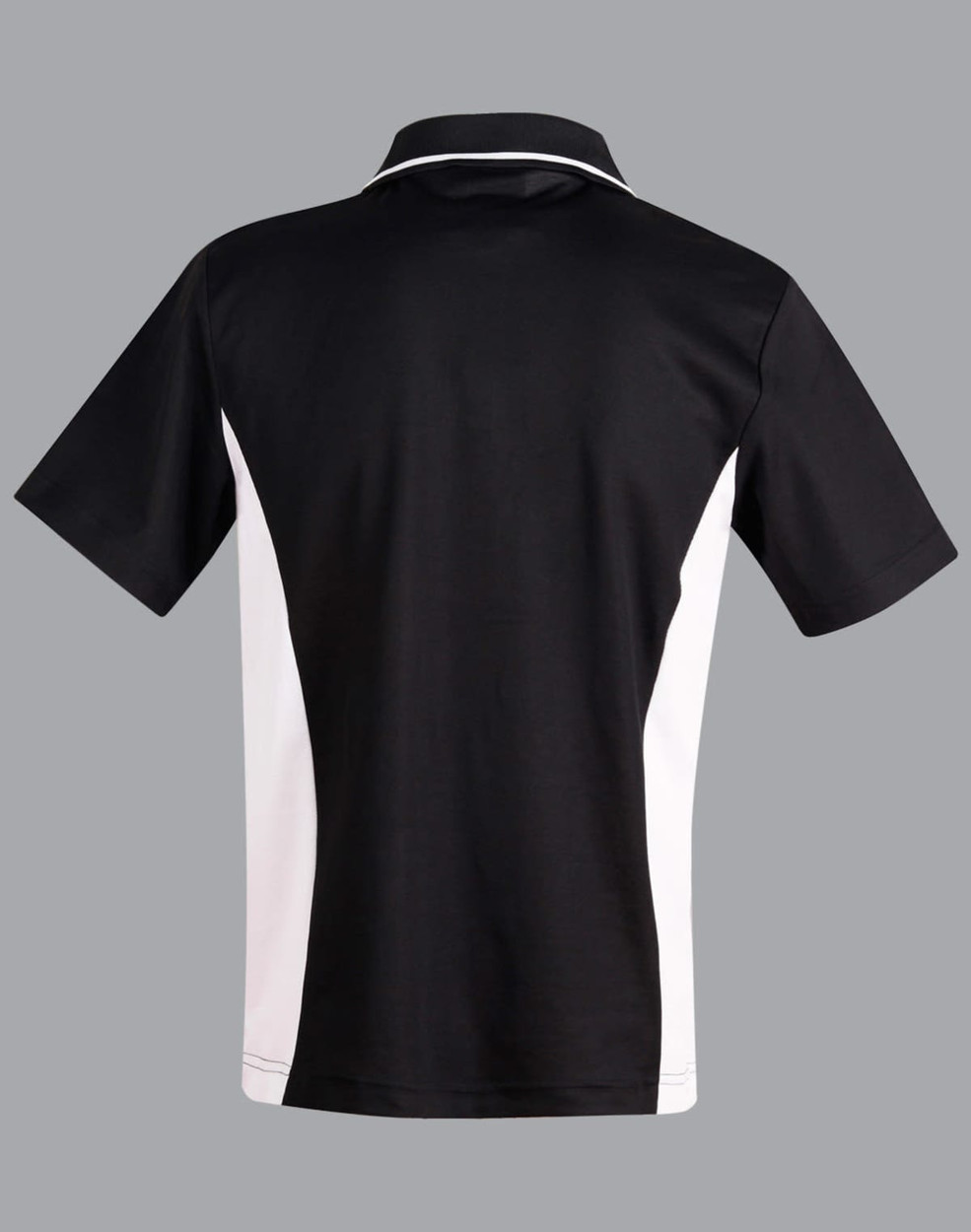 A black and white Men's TrueDry Contrast short-sleeve polo shirt featuring a logo.