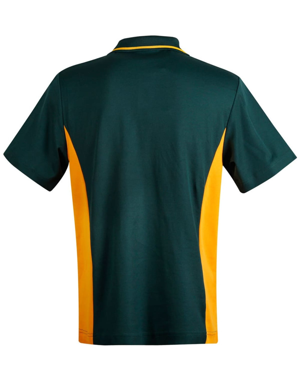 A green and yellow kids' polo shirt with a contrasting design and a logo on the chest.
