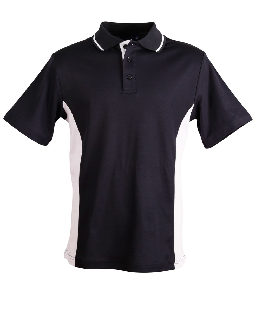 A black and white kids' polo shirt with a contrasting design and a logo on the left side.