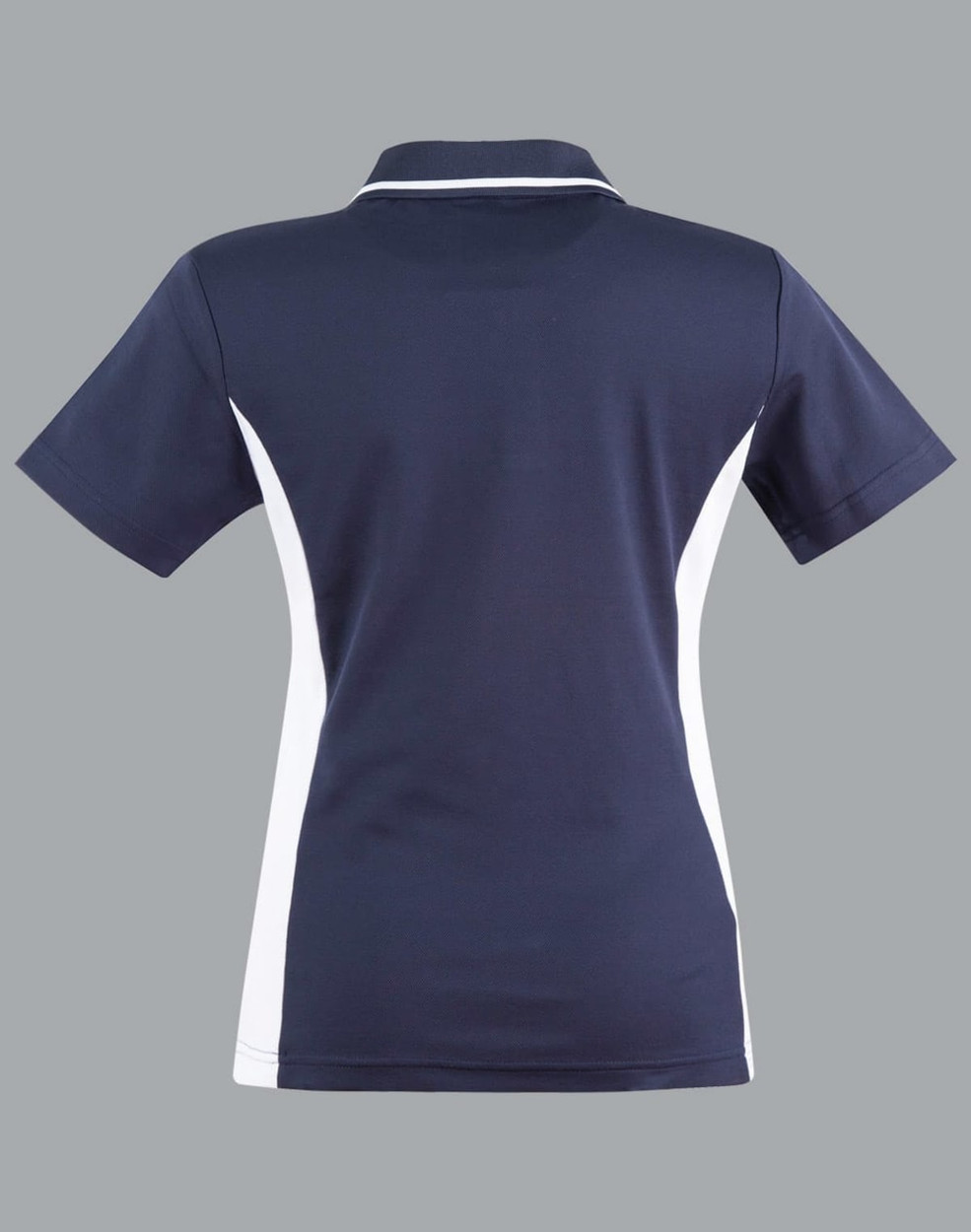 A navy blue polo shirt with white contrast panels, featuring a collar and short sleeves, and includes a logo.