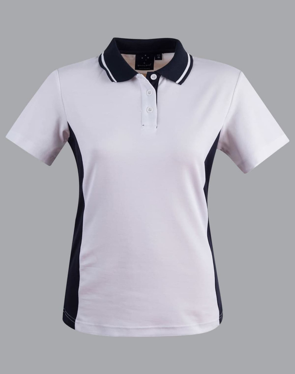 A short-sleeved polo shirt in white with black contrast panels and a logo on the collar.