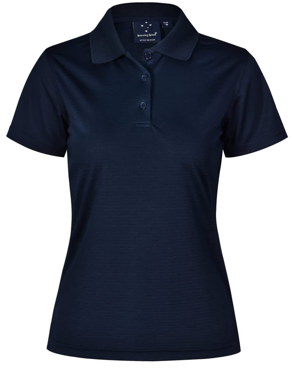 A navy textured polo shirt for ladies featuring a collar, three buttons, and a logo.