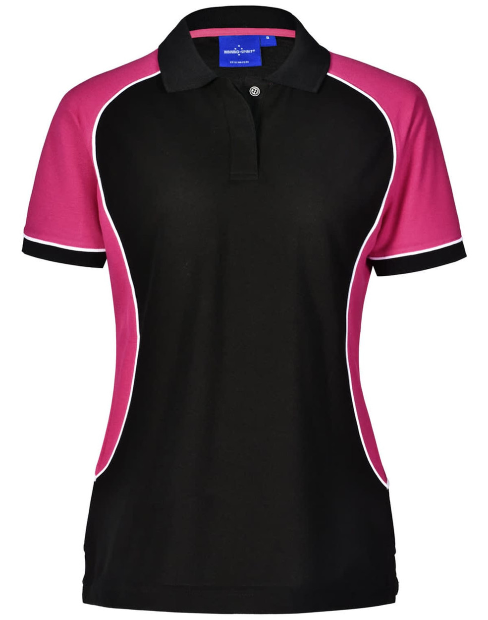 A women's short-sleeve pique polo shirt in black with pink and white detailing, featuring a collar and a logo.