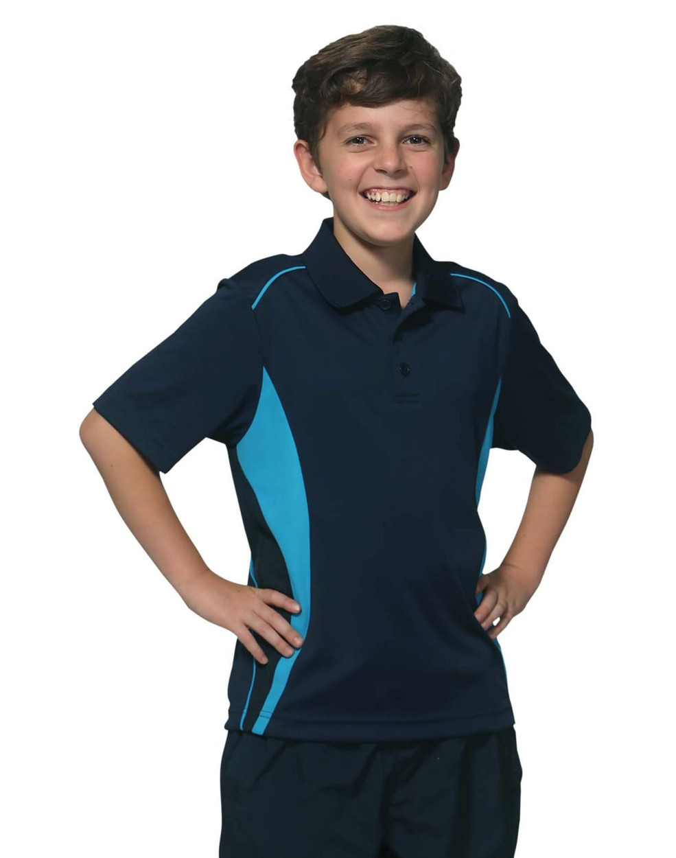 A navy blue polo shirt with contrasting aqua panels, featuring a collar and a logo.
