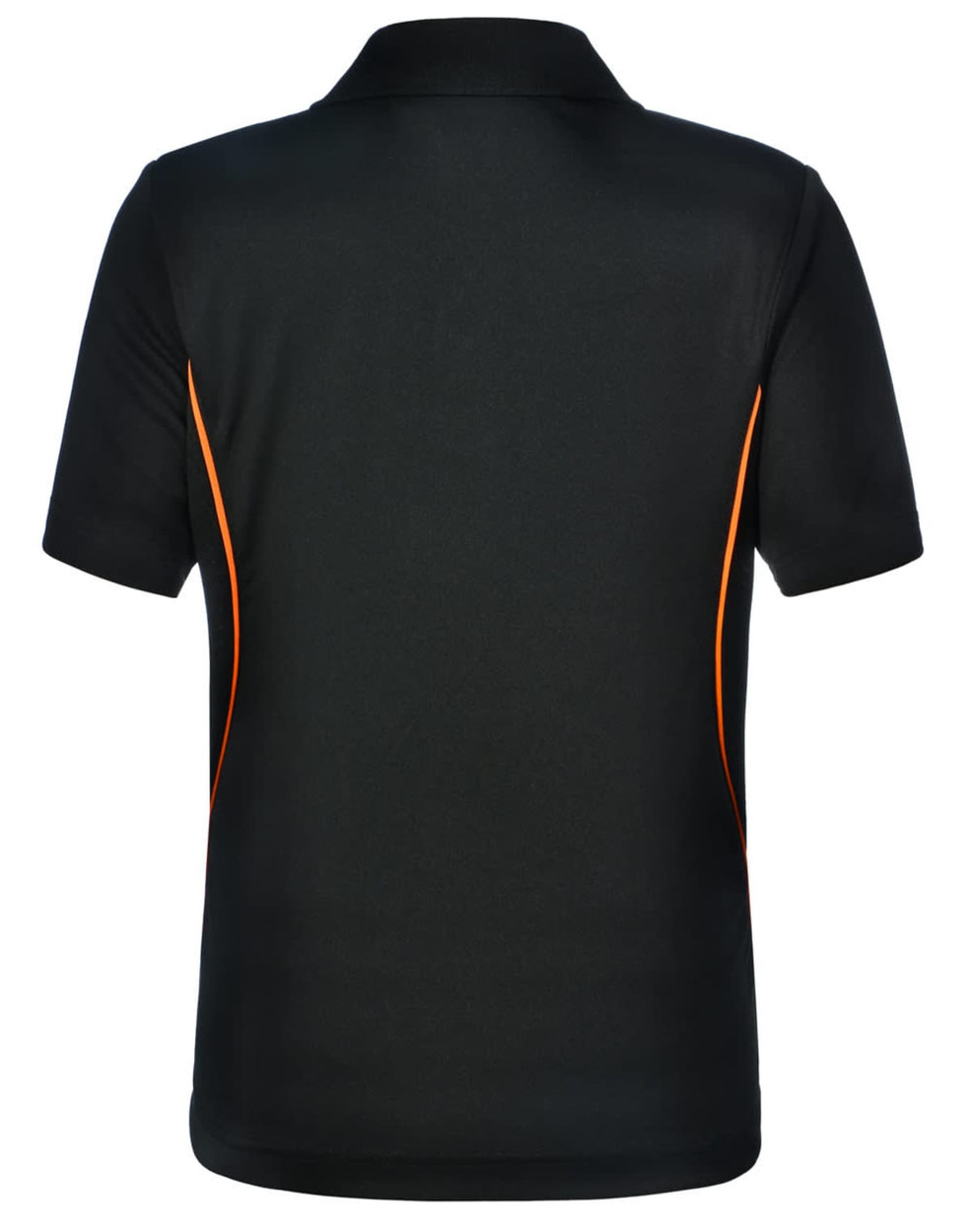 A black polo shirt with orange contrast piping and a logo on the chest. Suitable for kids.