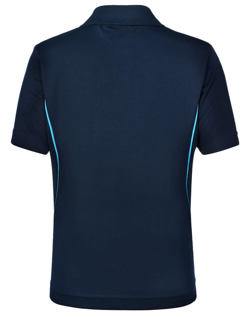 A navy blue kids' polo shirt featuring contrasting light blue accents and a logo.