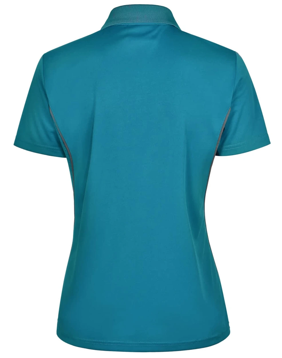 A teal ladies' polo shirt with short sleeves, featuring a contrasting trim and a logo.