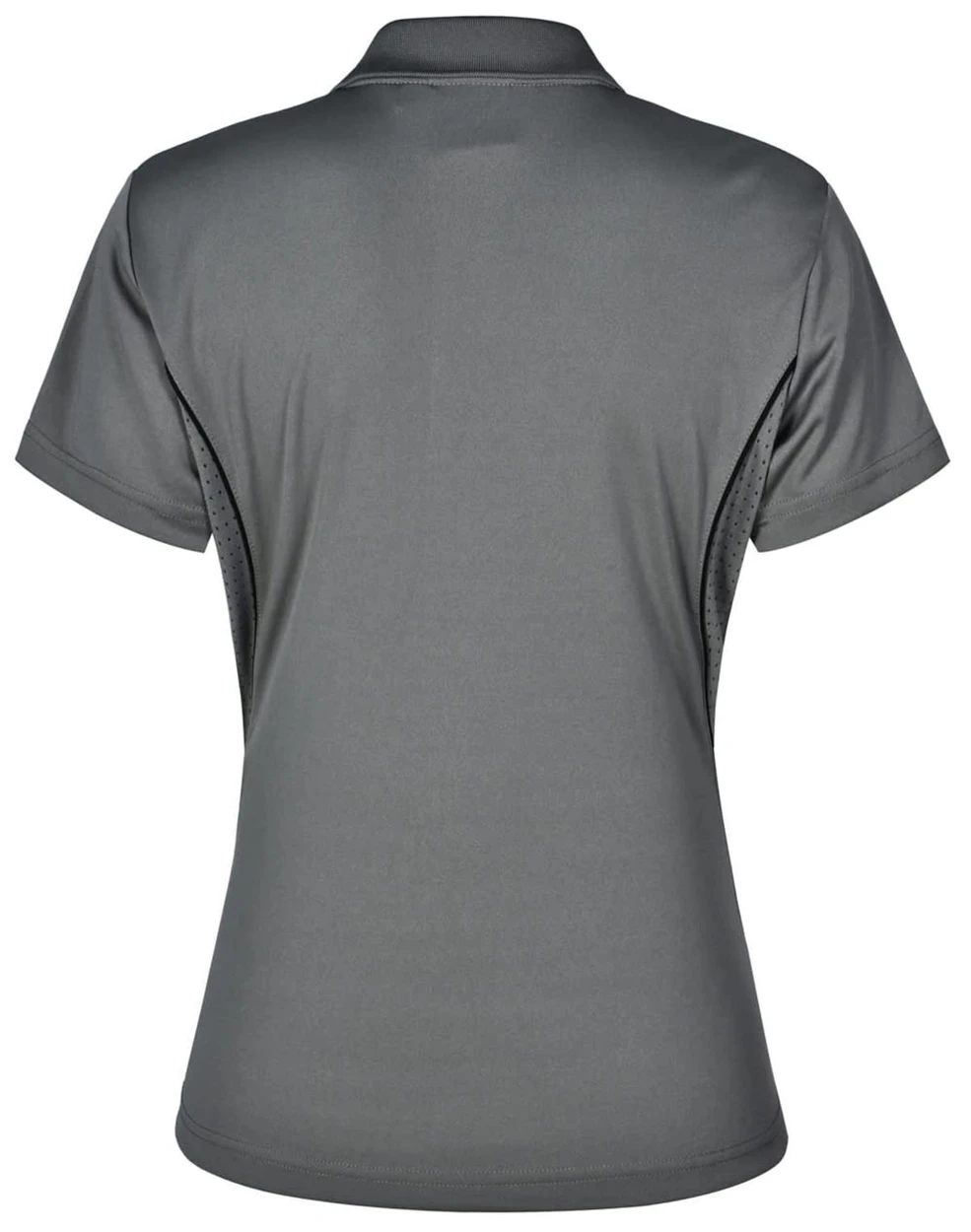 A grey polo shirt featuring short sleeves and a contrasting design at the sides, with a logo present.