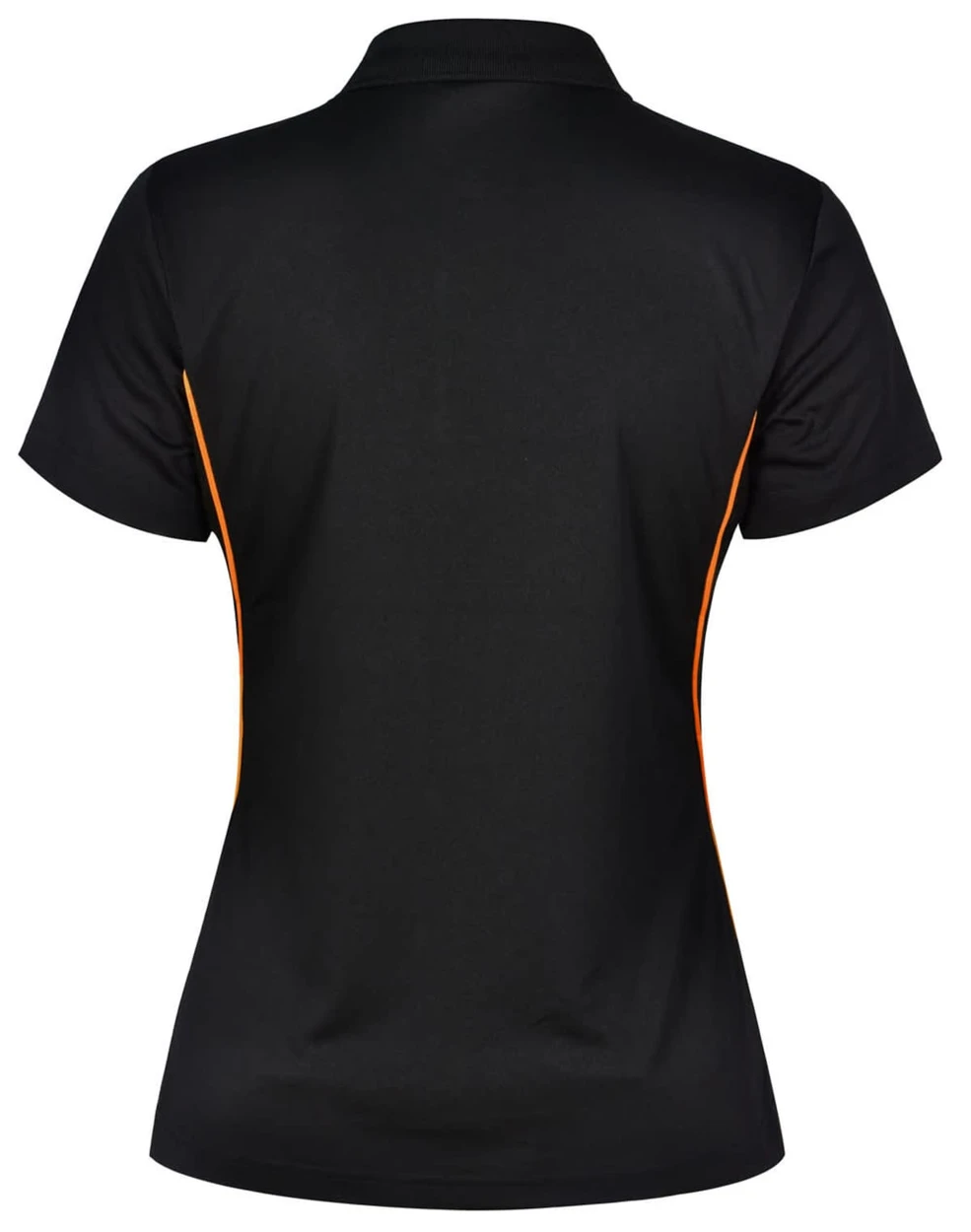 A black polo shirt with orange contrast detailing and a logo on the back.