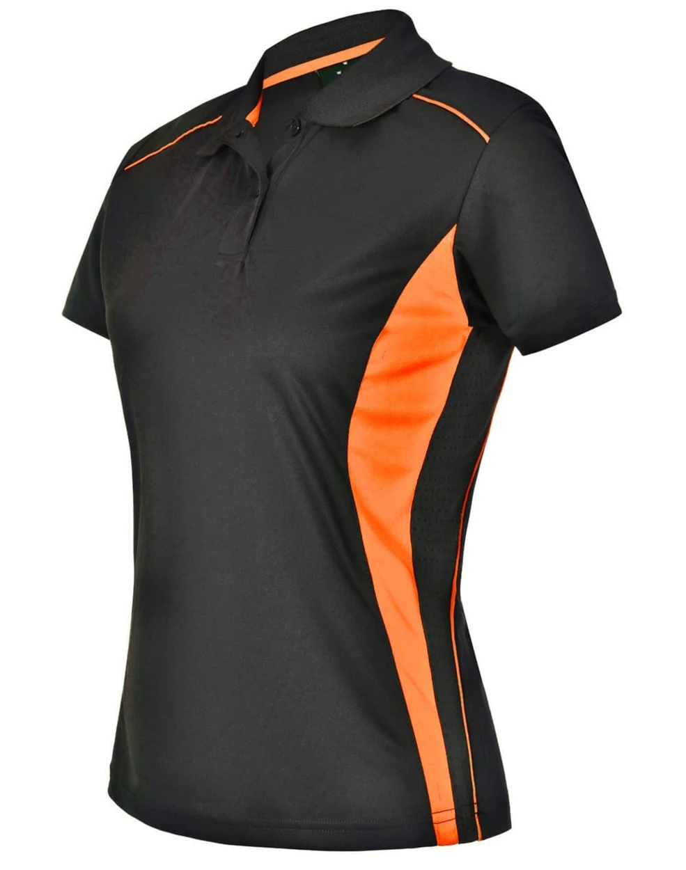 A black polo shirt with orange contrast detailing, featuring a collar and short sleeves. It has a logo on the chest.