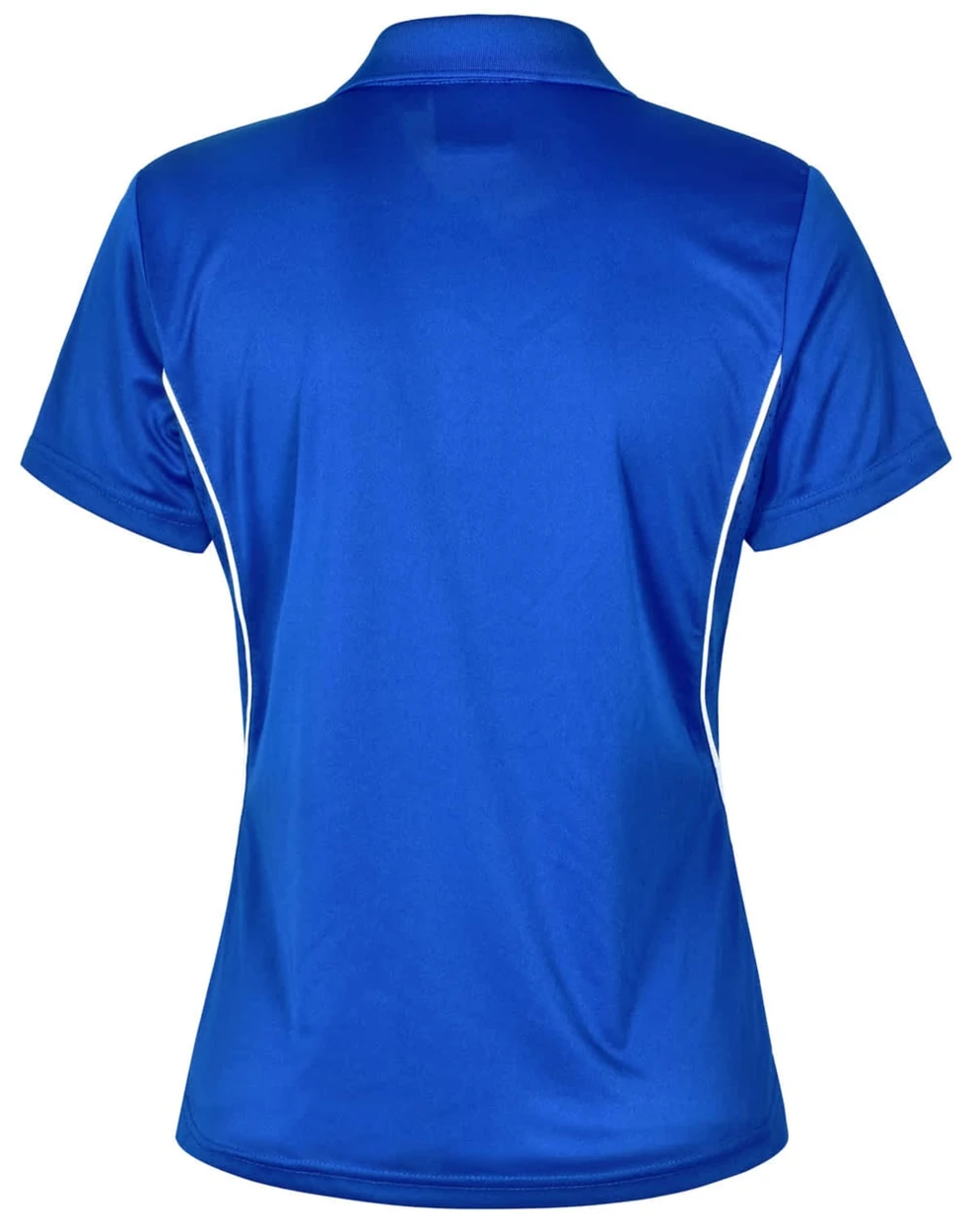 A blue women's polo shirt with contrast detailing and a logo, featuring a classic collar and short sleeves.