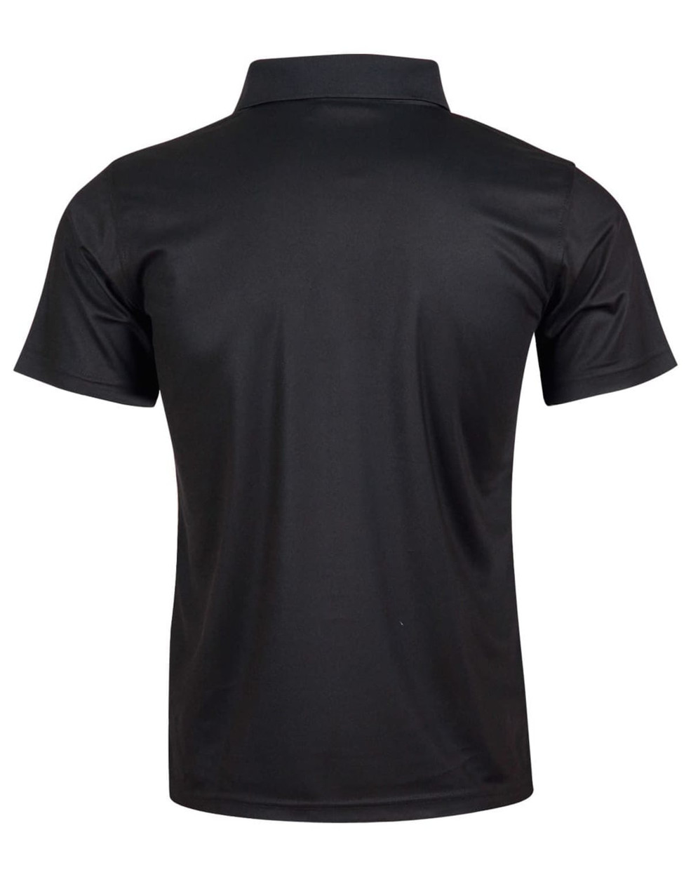 A black short-sleeved polo shirt featuring a classic collar and a logo on the back.