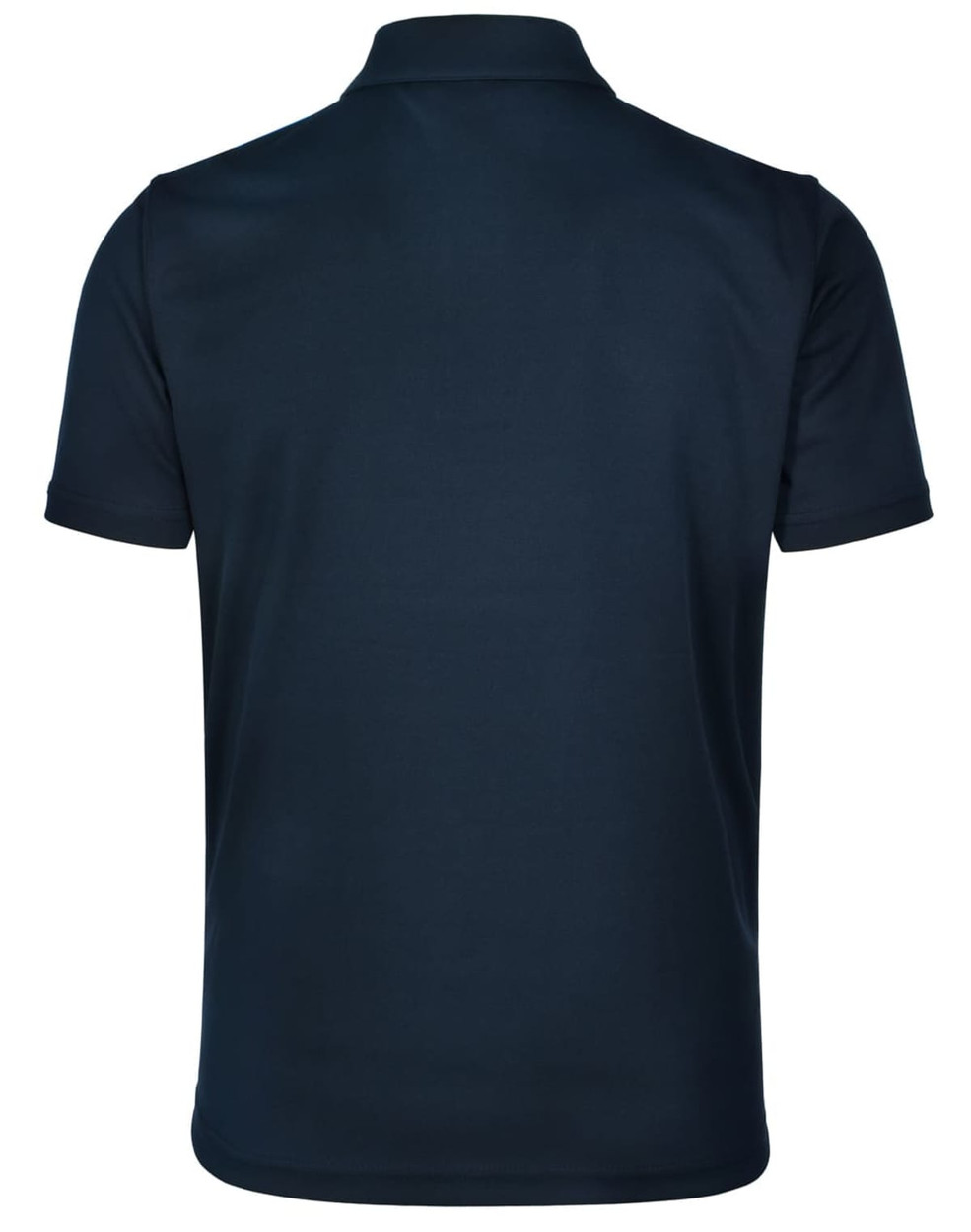 A navy blue short sleeve polo shirt with a plain back and a collar, featuring a logo.