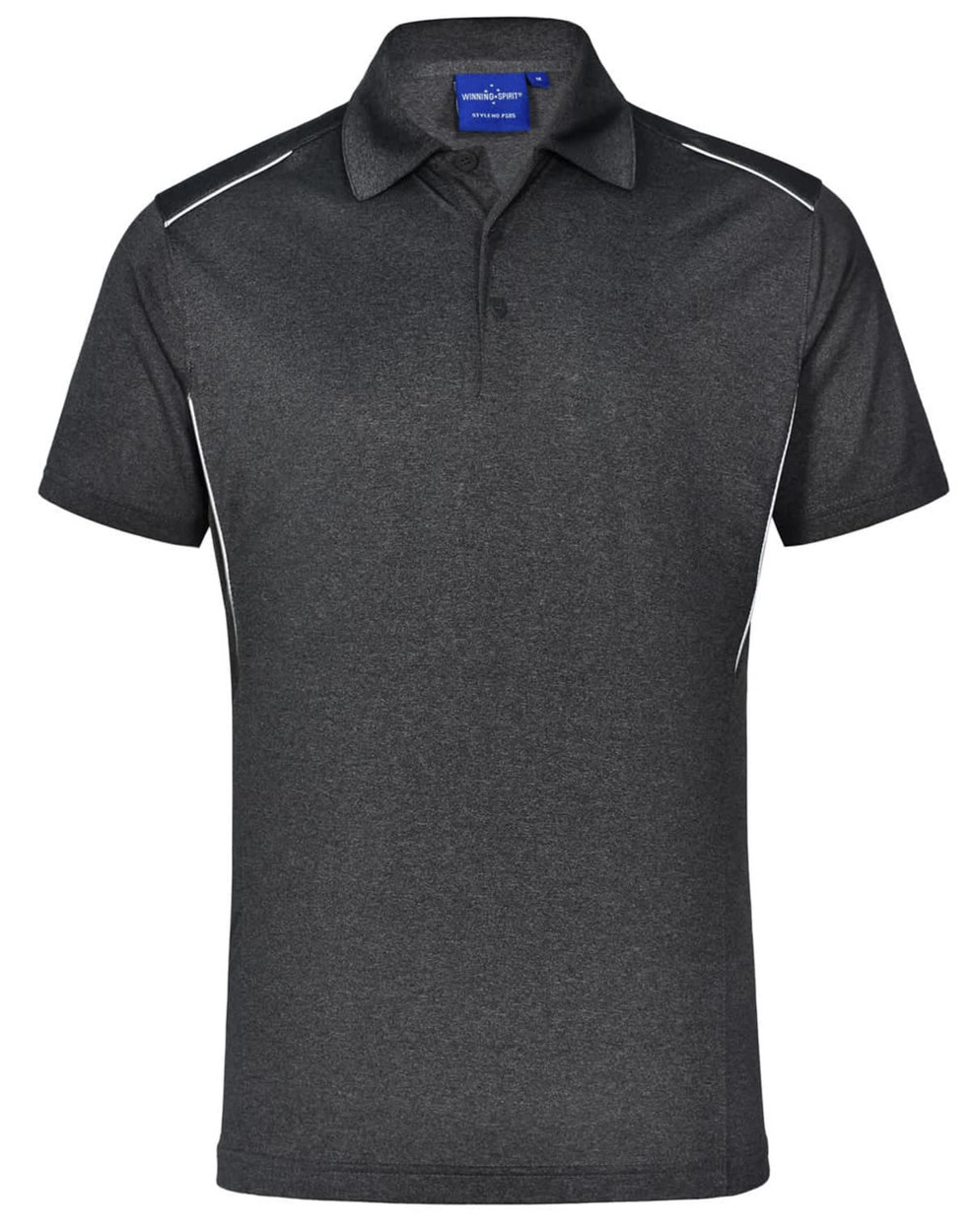 A short sleeve polo shirt in dark grey with white accents and a logo on the collar.