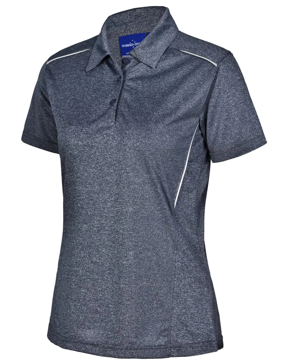 A navy blue cationic short sleeve polo shirt with a subtle textured pattern and a logo.