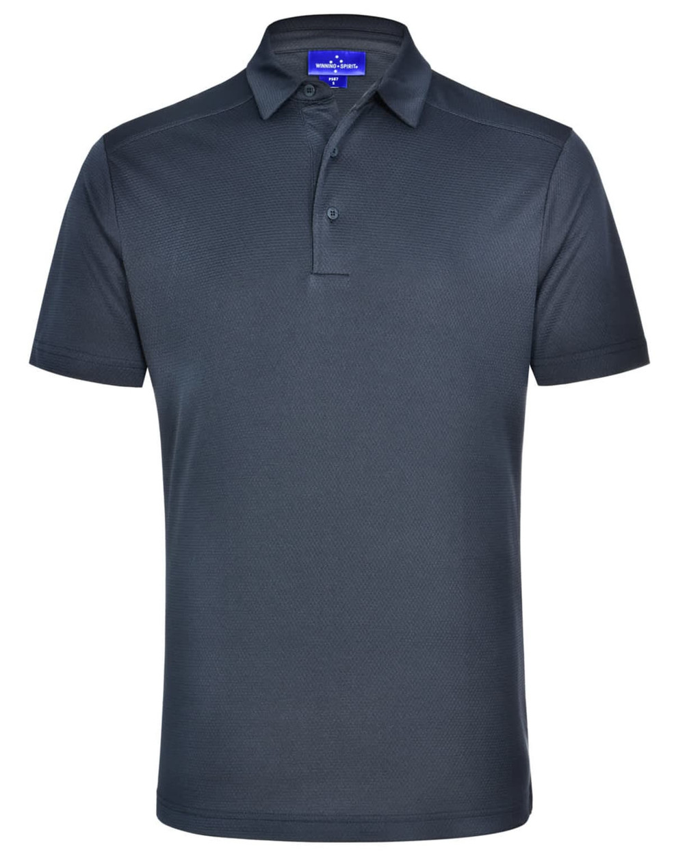 Men's short-sleeve polo in dark grey, featuring a collar and a logo on the chest area.