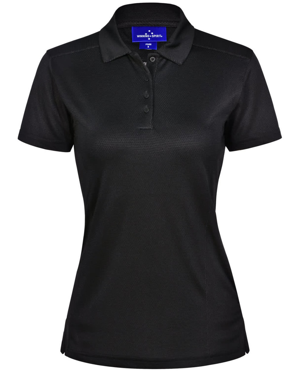 A black ladies' bamboo charcoal polo shirt with short sleeves and a collar, featuring a logo.