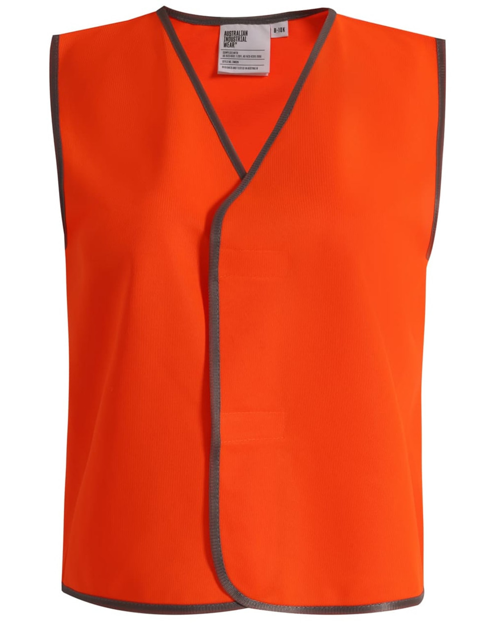 An orange Hi-Vis kid's safety vest with grey trim, featuring a logo on the inside. Suitable for safety wear.