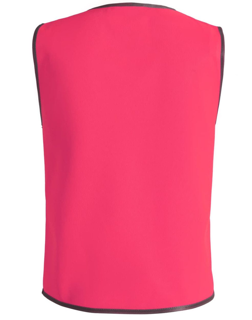 A pink kid’s safety vest with grey edges, designed as part of safety wear uniforms, featuring a simple design and no front embellishments.