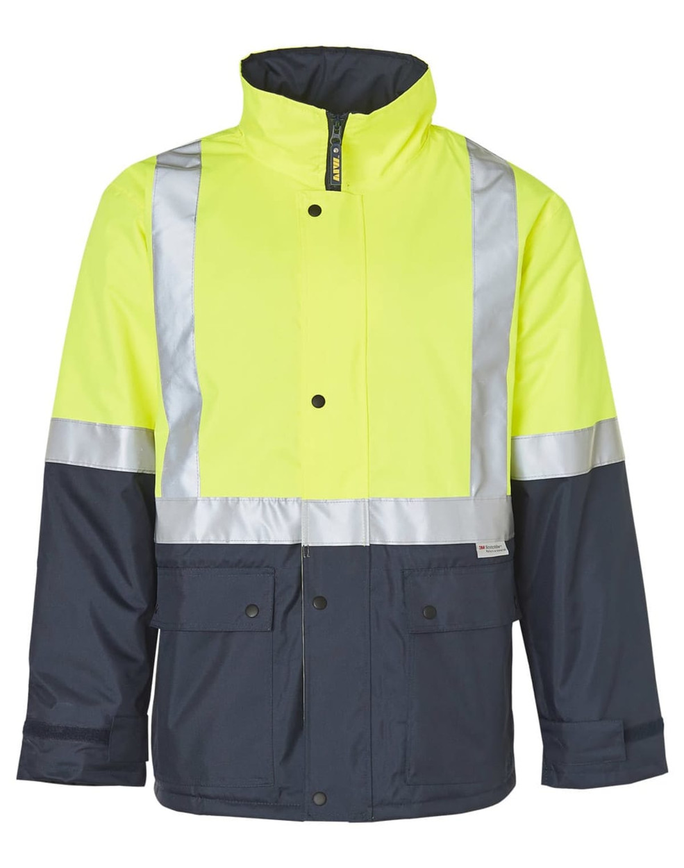 Hi-Vis two-tone rainproof quilted safety jacket featuring silver reflective tapes, with a bright yellow upper and navy lower.