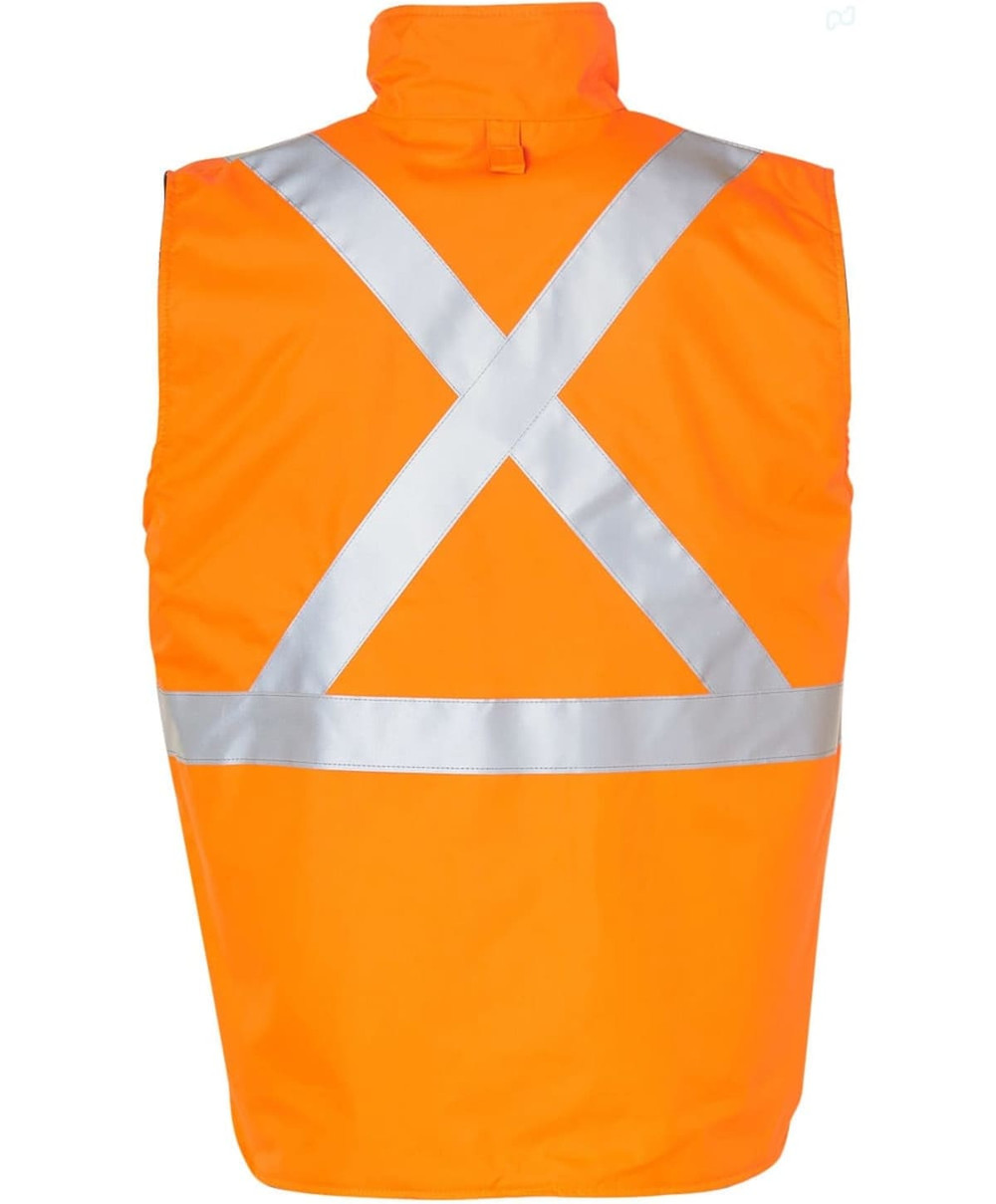 A bright orange reversible safety vest featuring an X-pattern of silver reflective tape on the back.