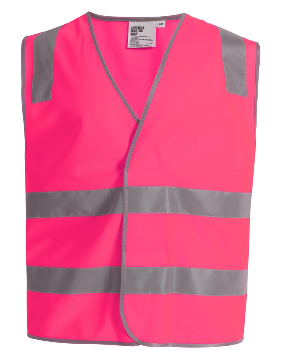 A bright pink safety vest featuring silver reflective tapes, designed for high visibility. It has a simple, open-front design.
