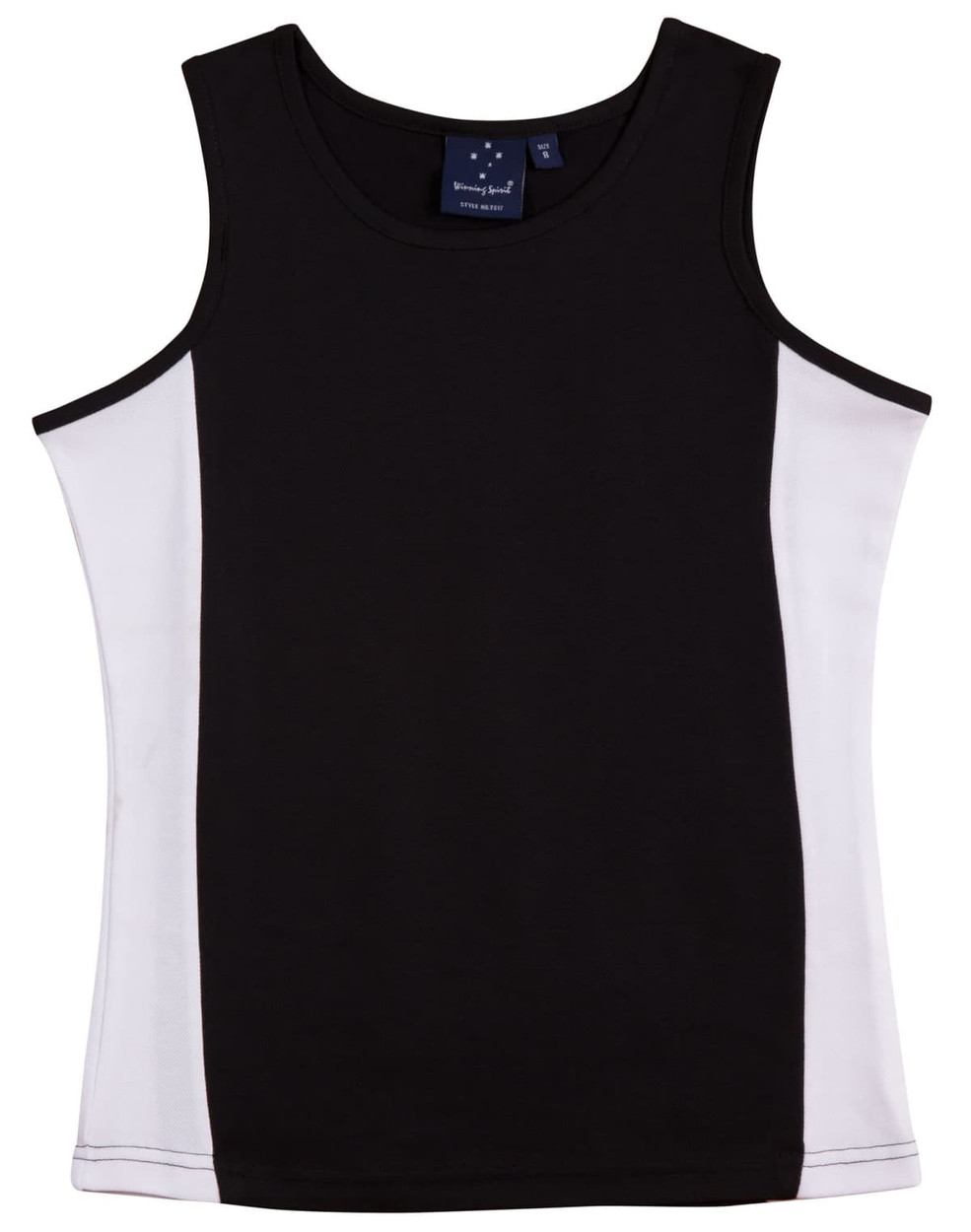 A black and white ladies singlet with a contrast design and a branding label inside.