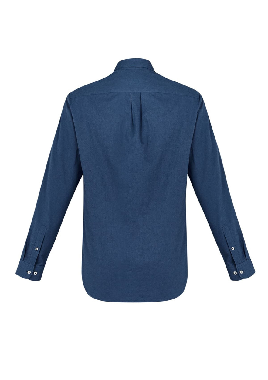 A long sleeve button-up shirt in a deep blue colour with a straight back and buttoned cuffs. Features branding.