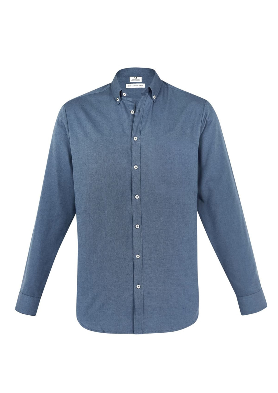 A blue long sleeve button-up shirt with a collar and a logo on the chest.