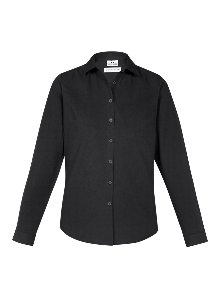 A black women's long sleeve button-up shirt featuring a classic collar and a logo on the label.
