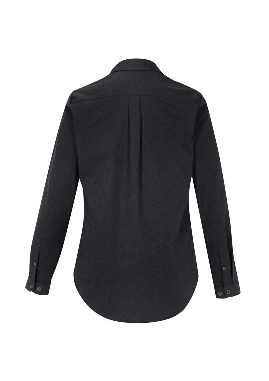 A women's long sleeve button-up shirt in dark grey, featuring a pleat detail at the back and a collar.