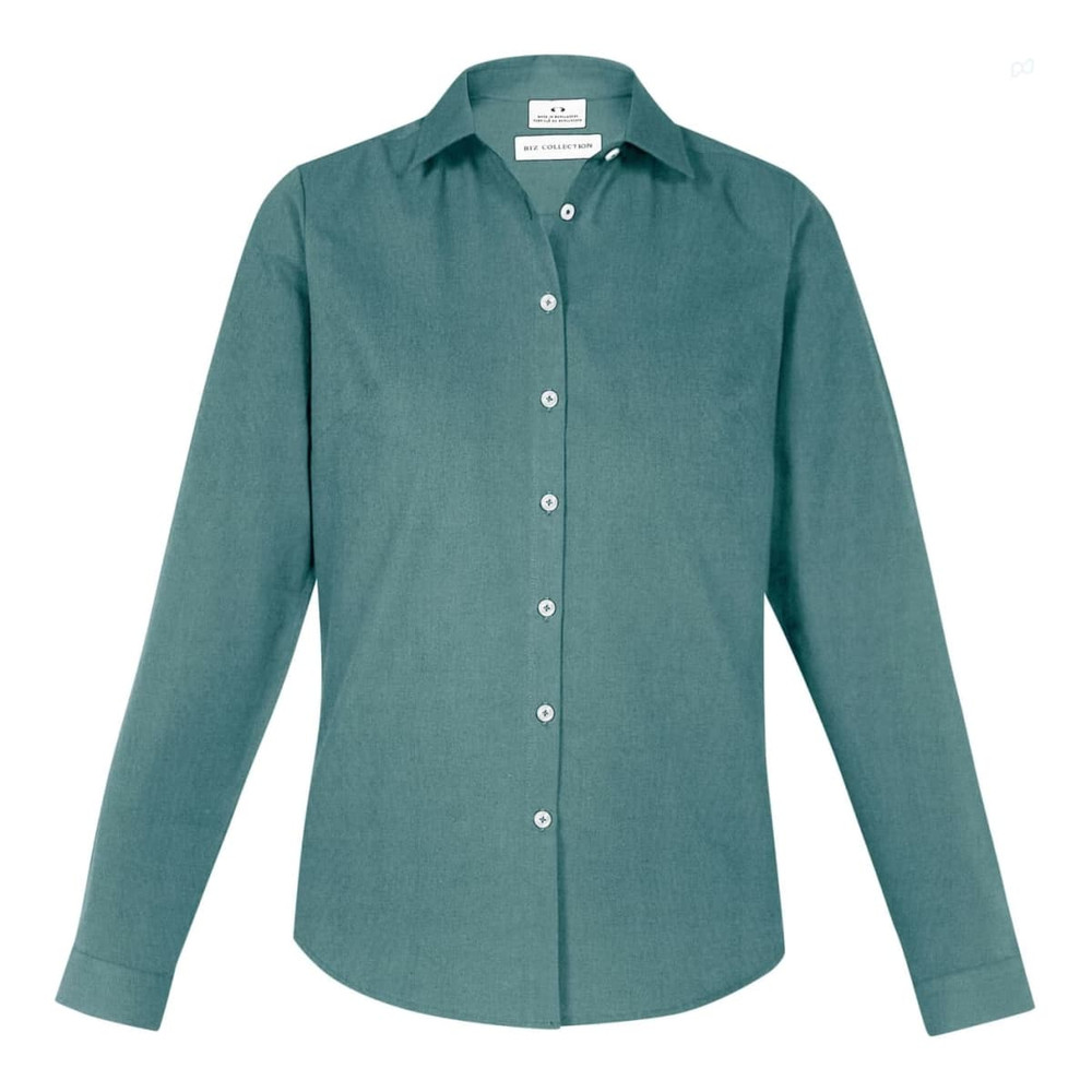 A teal long sleeve button-up shirt featuring a collar and a branded label.